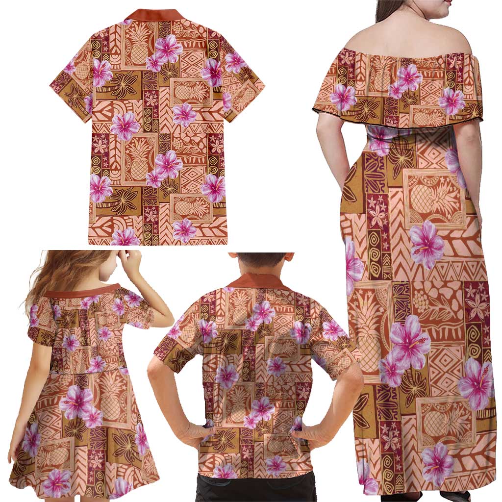 Orange Hawaii Hibiscus With Tropical Flowers Motifs Family Matching Off Shoulder Maxi Dress and Hawaiian Shirt - Polynesian Pride