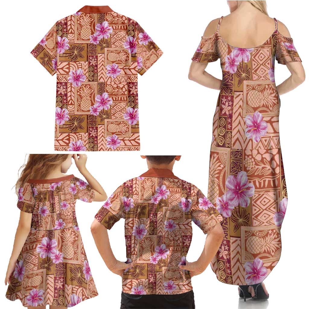 Orange Hawaii Hibiscus With Tropical Flowers Motifs Family Matching Summer Maxi Dress and Hawaiian Shirt - Polynesian Pride