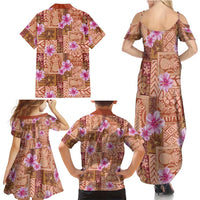 Orange Hawaii Hibiscus With Tropical Flowers Motifs Family Matching Summer Maxi Dress and Hawaiian Shirt - Polynesian Pride