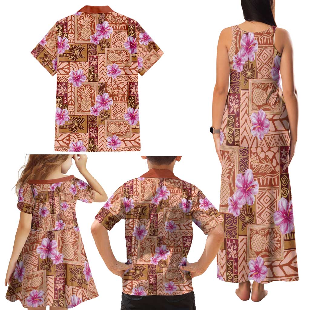 Orange Hawaii Hibiscus With Tropical Flowers Motifs Family Matching Tank Maxi Dress and Hawaiian Shirt - Polynesian Pride