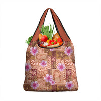 Orange Hawaii Hibiscus With Tropical Flowers Motifs Grocery Bag - Polynesian Pride