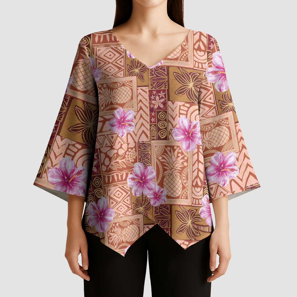 Orange Hawaii Hibiscus With Tropical Flowers Motifs Kimono Sleeve Blouse - Polynesian Pride