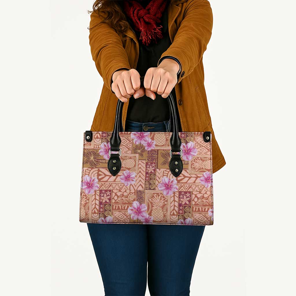 Orange Hawaii Hibiscus With Tropical Flowers Motifs Leather Bag - Polynesian Pride