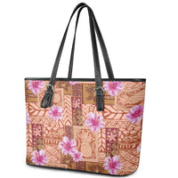 Orange Hawaii Hibiscus With Tropical Flowers Motifs Leather Tote Bag - Polynesian Pride