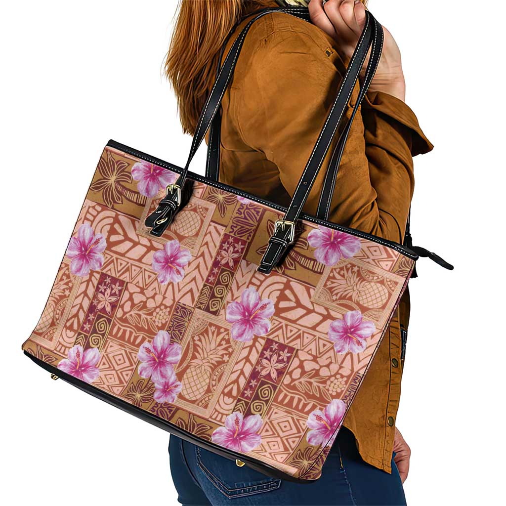 Orange Hawaii Hibiscus With Tropical Flowers Motifs Leather Tote Bag - Polynesian Pride