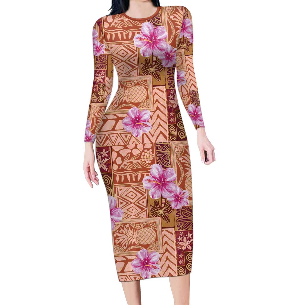 Orange Hawaii Hibiscus With Tropical Flowers Motifs Long Sleeve Bodycon Dress - Polynesian Pride