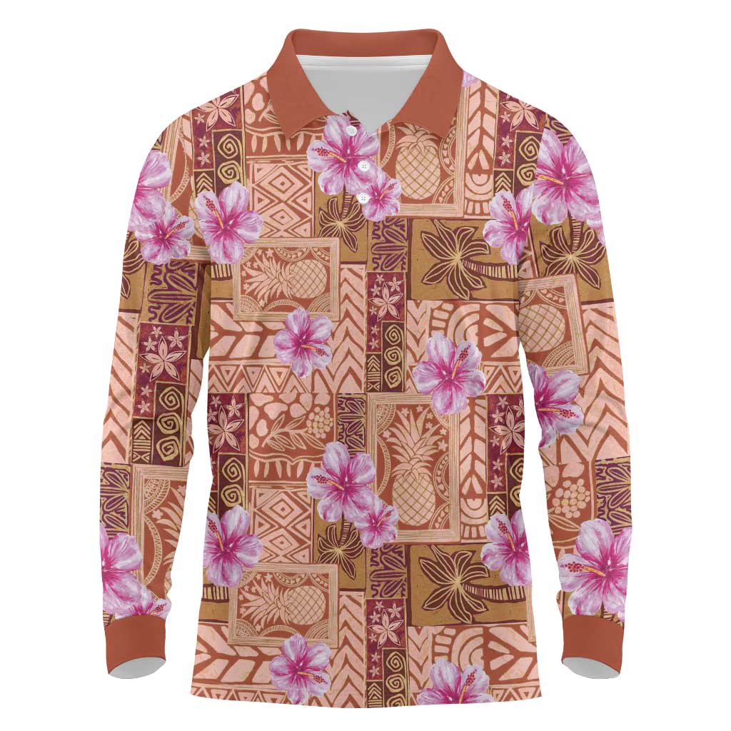 Orange Hawaii Hibiscus With Tropical Flowers Motifs Long Sleeve Polo Shirt - Polynesian Pride