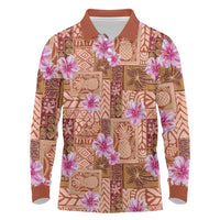 Orange Hawaii Hibiscus With Tropical Flowers Motifs Long Sleeve Polo Shirt - Polynesian Pride