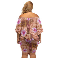 Orange Hawaii Hibiscus With Tropical Flowers Motifs Off Shoulder Short Dress - Polynesian Pride
