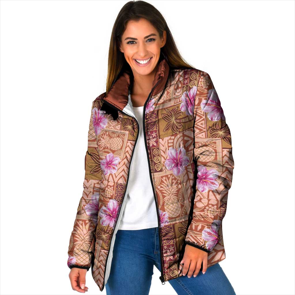 Orange Hawaii Hibiscus With Tropical Flowers Motifs Padded Jacket - Polynesian Pride