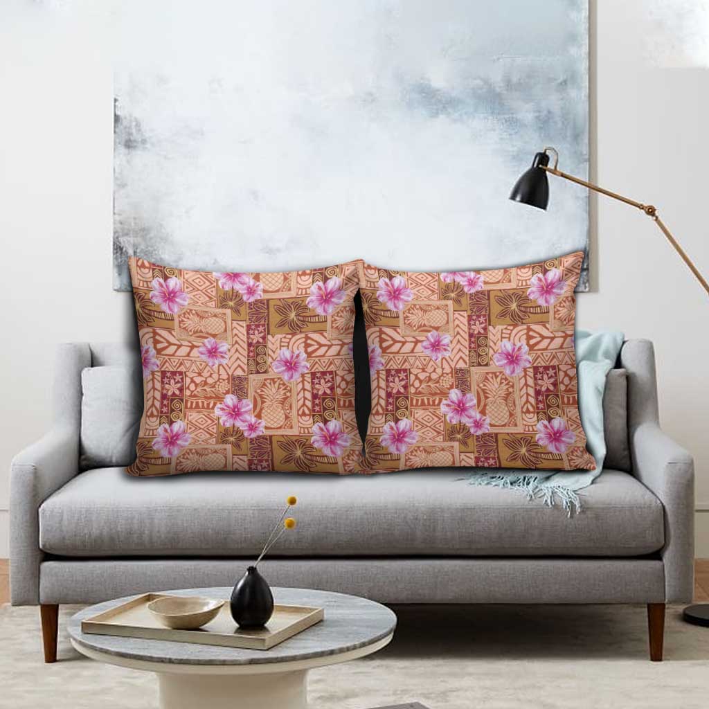 Orange Hawaii Hibiscus With Tropical Flowers Motifs Pillow Cover - Polynesian Pride