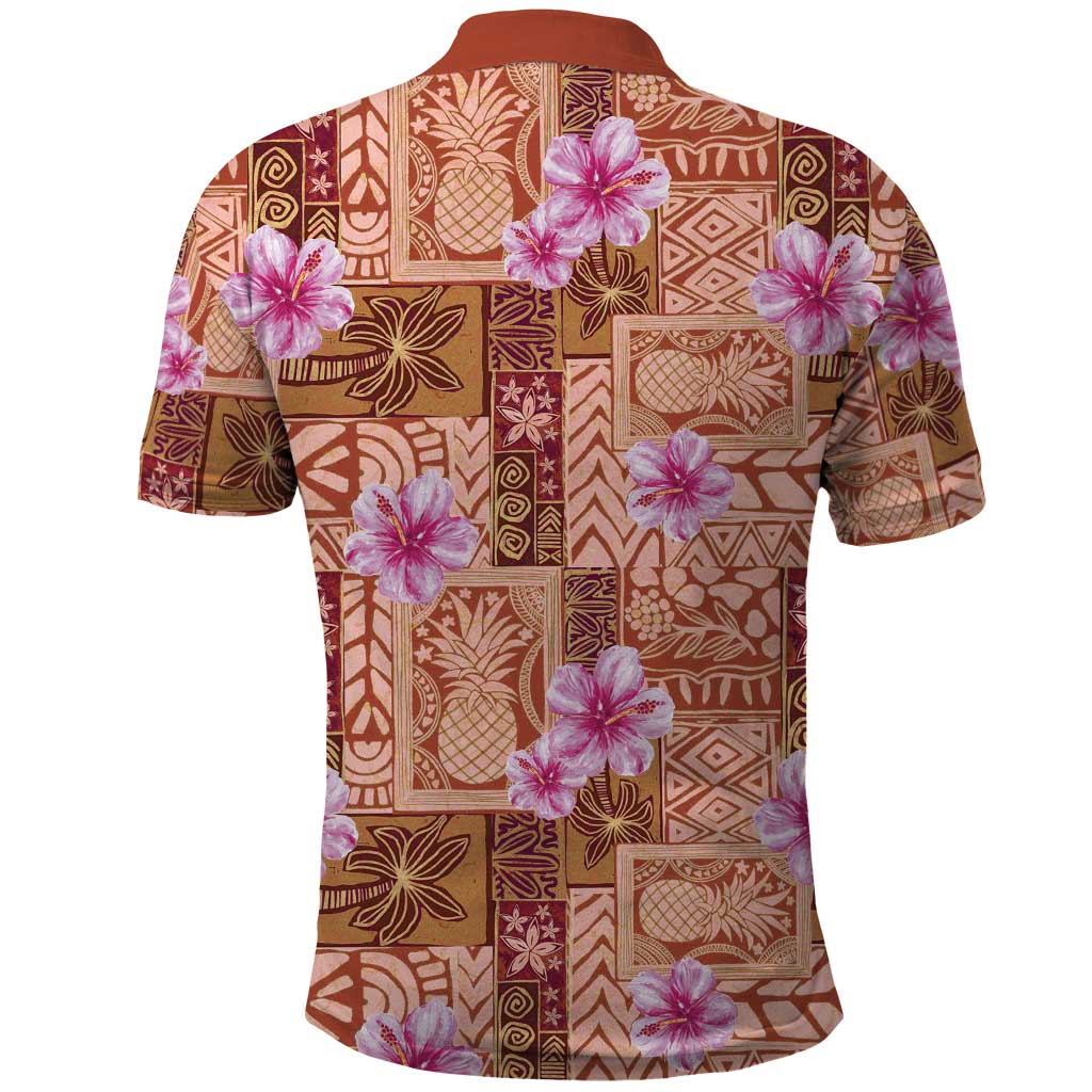Orange Hawaii Hibiscus With Tropical Flowers Motifs Polo Shirt - Polynesian Pride