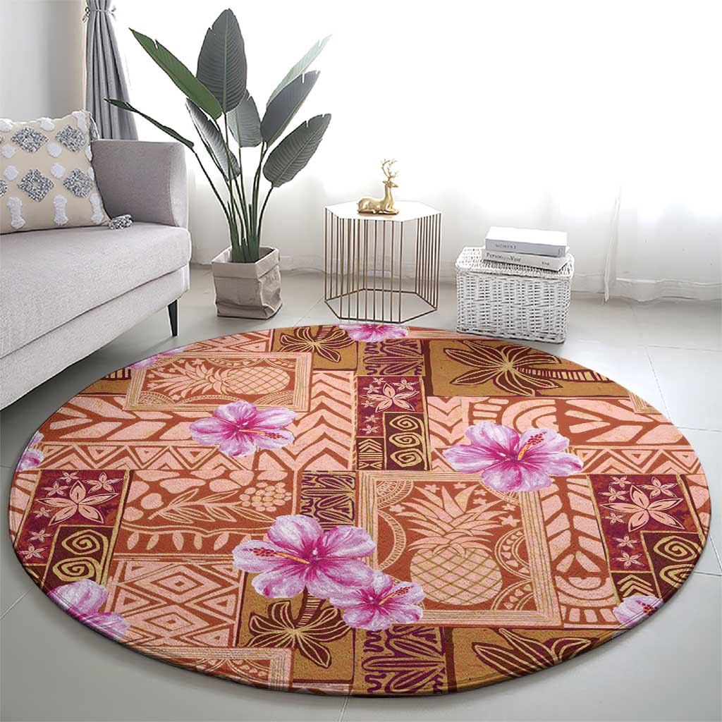 Orange Hawaii Hibiscus With Tropical Flowers Motifs Round Carpet - Polynesian Pride