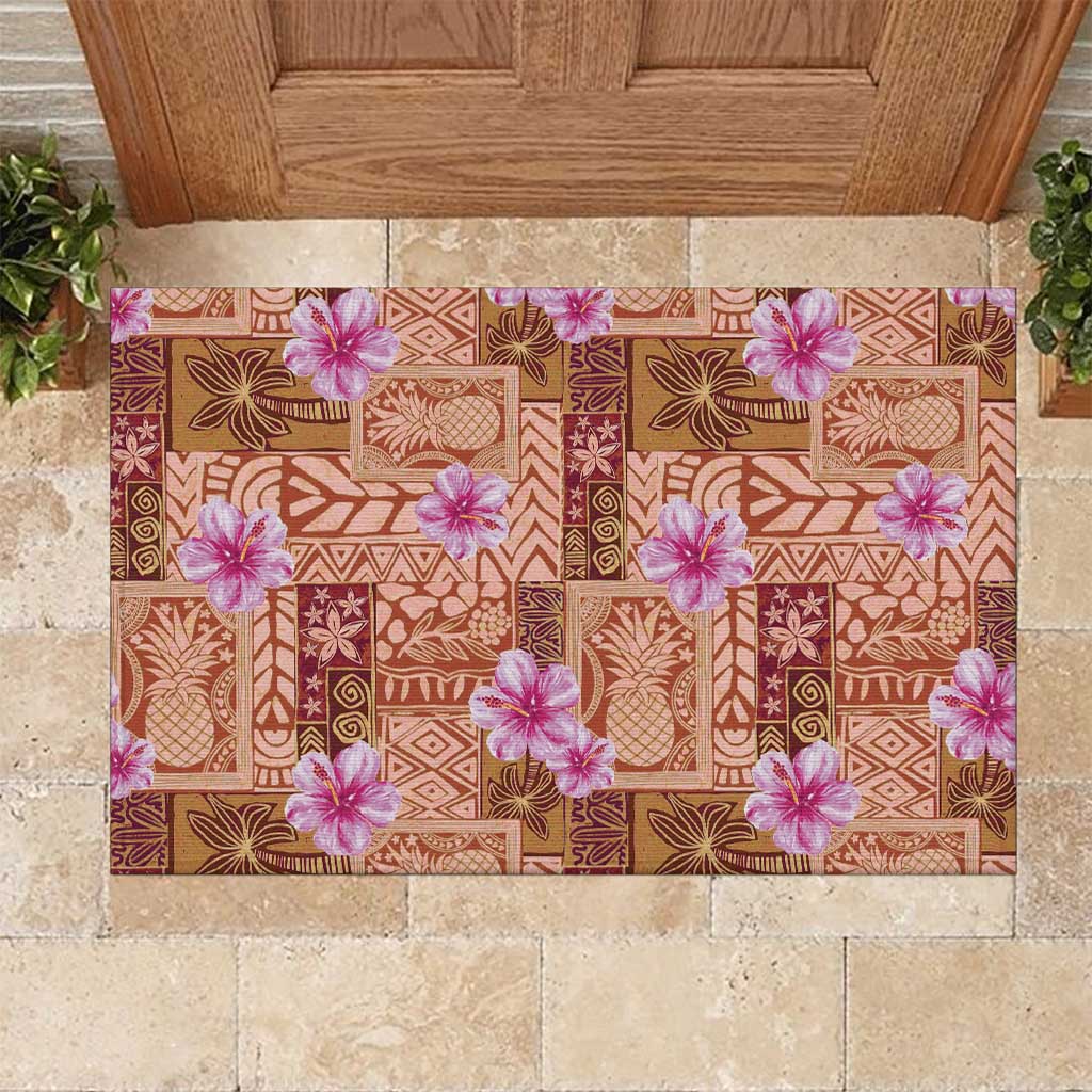 Orange Hawaii Hibiscus With Tropical Flowers Motifs Rubber Doormat - Polynesian Pride