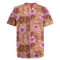 Orange Hawaii Hibiscus With Tropical Flowers Motifs Rugby Jersey - Polynesian Pride