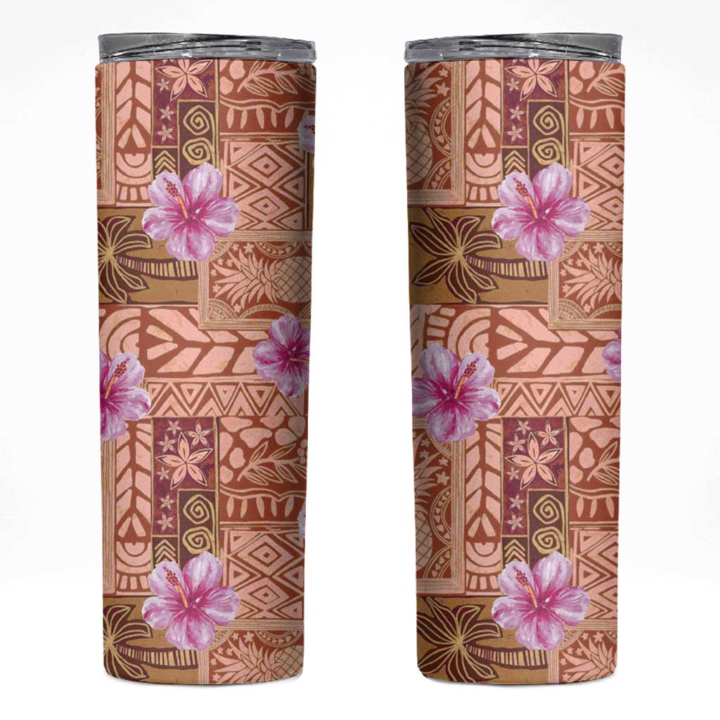 Orange Hawaii Hibiscus With Tropical Flowers Motifs Skinny Tumbler - Polynesian Pride