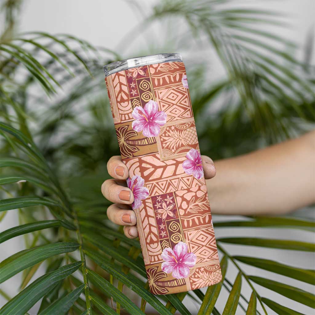 Orange Hawaii Hibiscus With Tropical Flowers Motifs Skinny Tumbler - Polynesian Pride