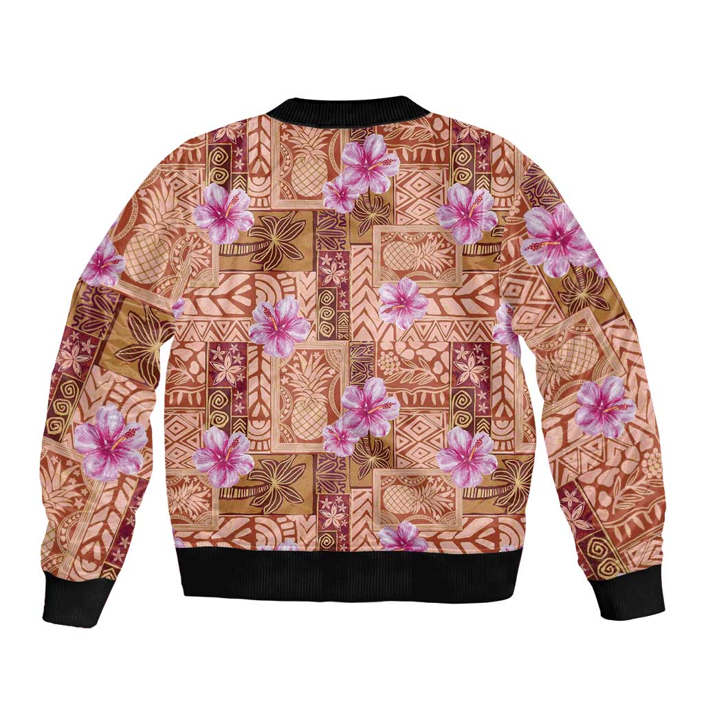 Orange Hawaii Hibiscus With Tropical Flowers Motifs Sleeve Zip Bomber Jacket - Polynesian Pride