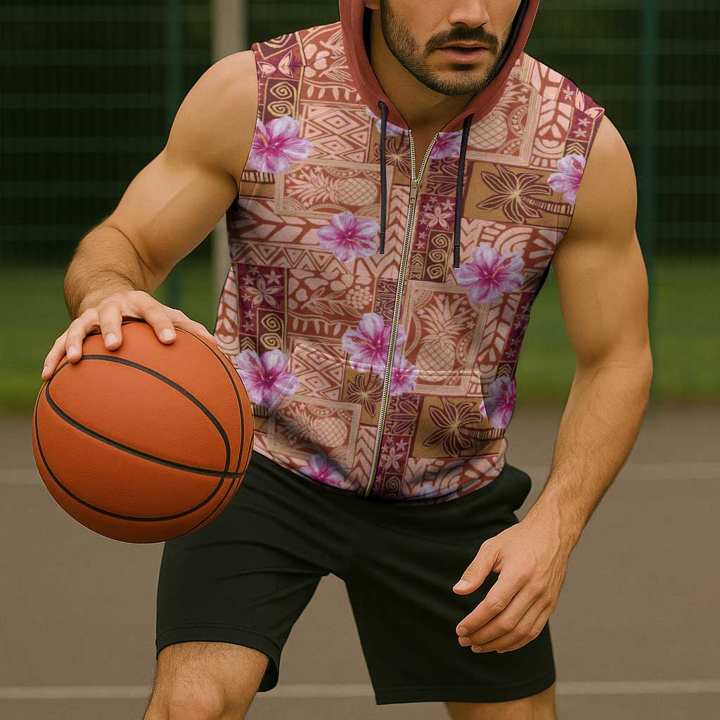 Orange Hawaii Hibiscus With Tropical Flowers Motifs Sleeveless Zip Hoodie - Polynesian Pride