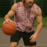 Orange Hawaii Hibiscus With Tropical Flowers Motifs Sleeveless Zip Hoodie - Polynesian Pride