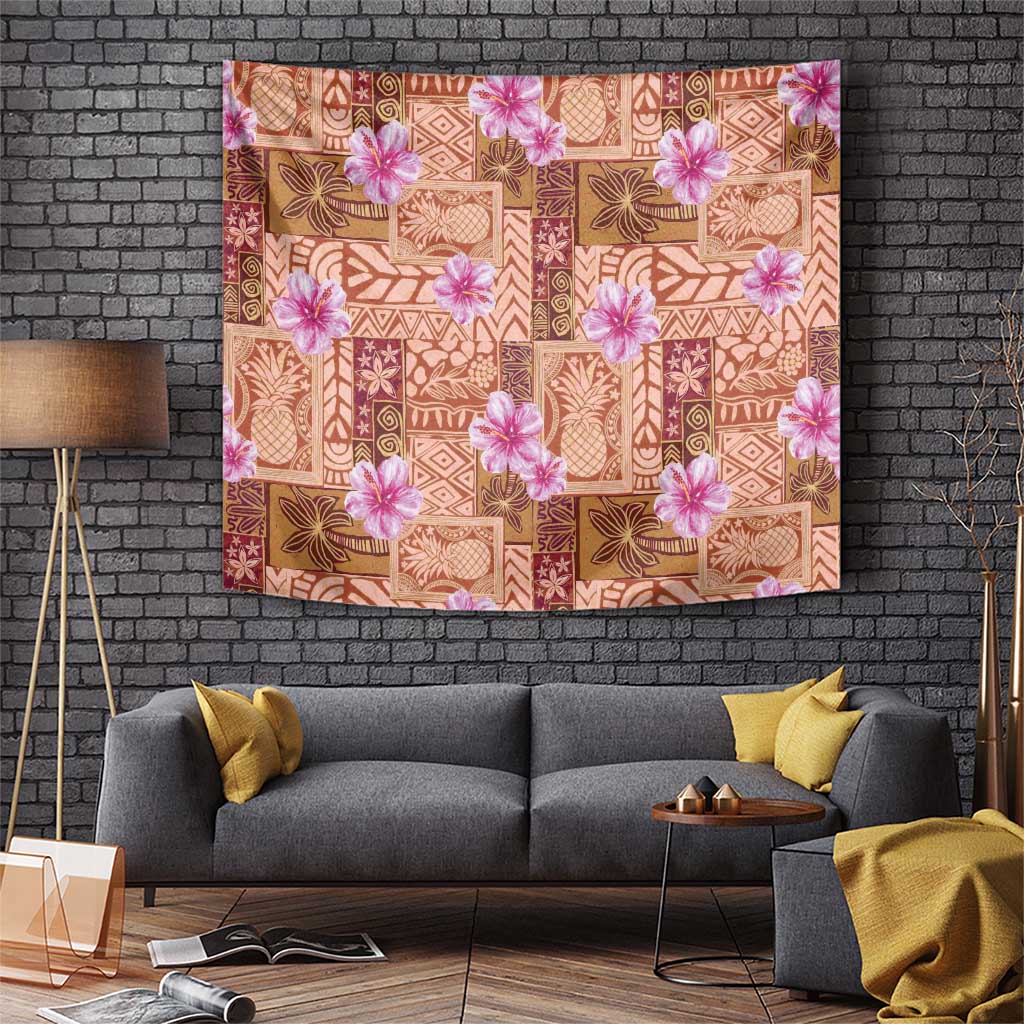 Orange Hawaii Hibiscus With Tropical Flowers Motifs Tapestry - Polynesian Pride