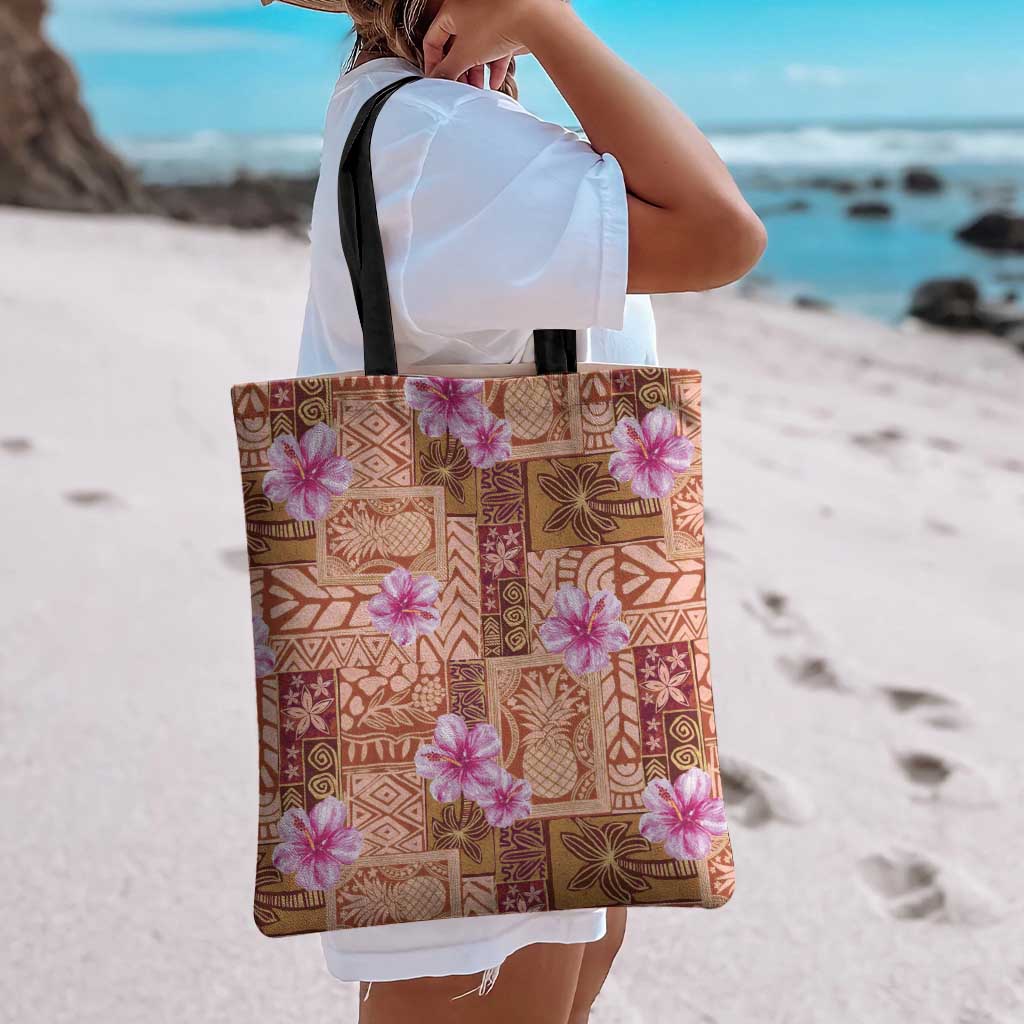 Orange Hawaii Hibiscus With Tropical Flowers Motifs Tote Bag - Polynesian Pride