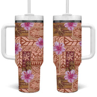 Orange Hawaii Hibiscus With Tropical Flowers Motifs Tumbler With Handle - Polynesian Pride