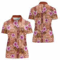 Orange Hawaii Hibiscus With Tropical Flowers Motifs Women Polo Shirt - Polynesian Pride