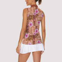 Orange Hawaii Hibiscus With Tropical Flowers Motifs Women Sleeveless Polo Shirt - Polynesian Pride