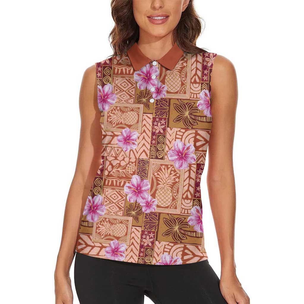 Orange Hawaii Hibiscus With Tropical Flowers Motifs Women Sleeveless Polo Shirt - Polynesian Pride