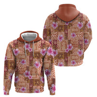 Orange Hawaii Hibiscus With Tropical Flowers Motifs Zip Hoodie - Polynesian Pride