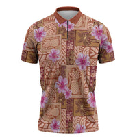 Orange Hawaii Hibiscus With Tropical Flowers Motifs Zipper Polo Shirt - Polynesian Pride