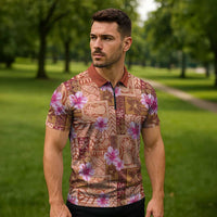 Orange Hawaii Hibiscus With Tropical Flowers Motifs Zipper Polo Shirt - Polynesian Pride