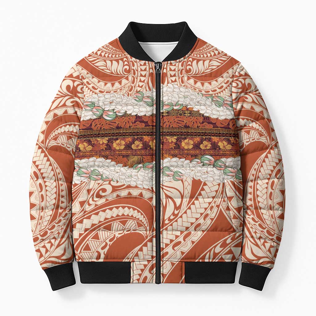 Aloha Hawaii Mikioi Lei Bomber Puffer Jacket Beige Tropical Flower Pattern - Polynesian Pride