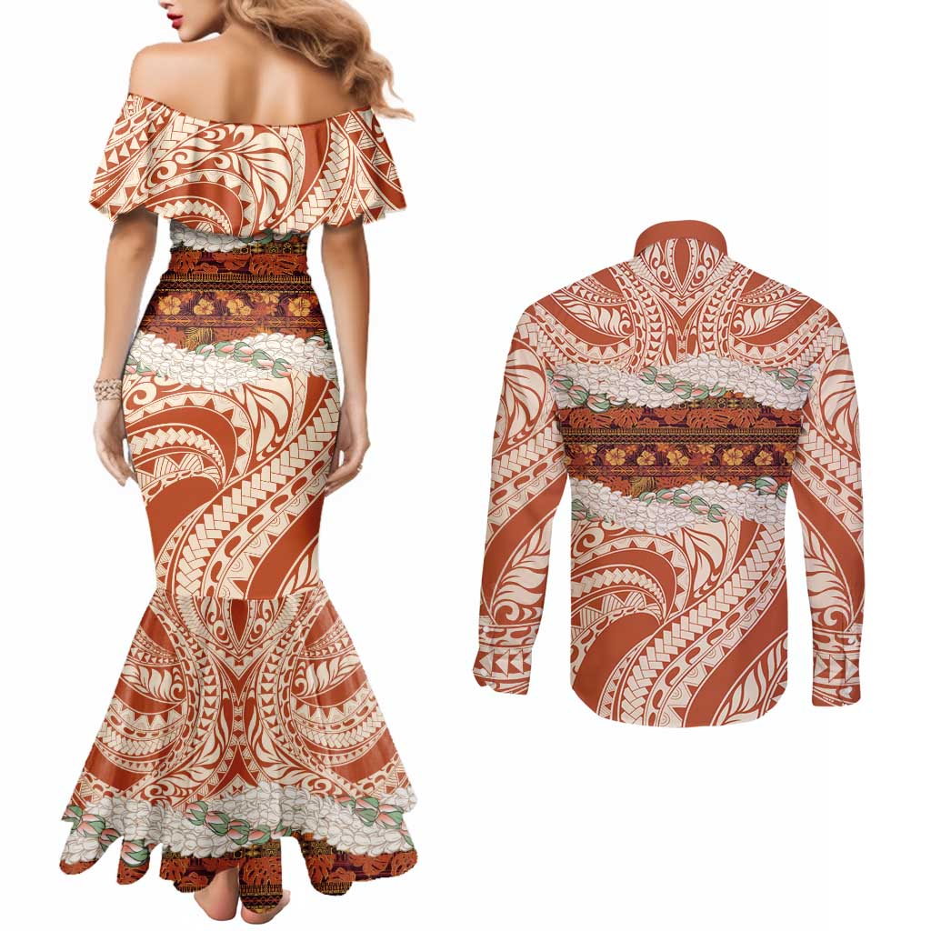Aloha Hawaii Mikioi Lei Couples Matching Mermaid Dress and Long Sleeve Button Shirt Beige Tropical Flower Pattern - Polynesian Pride