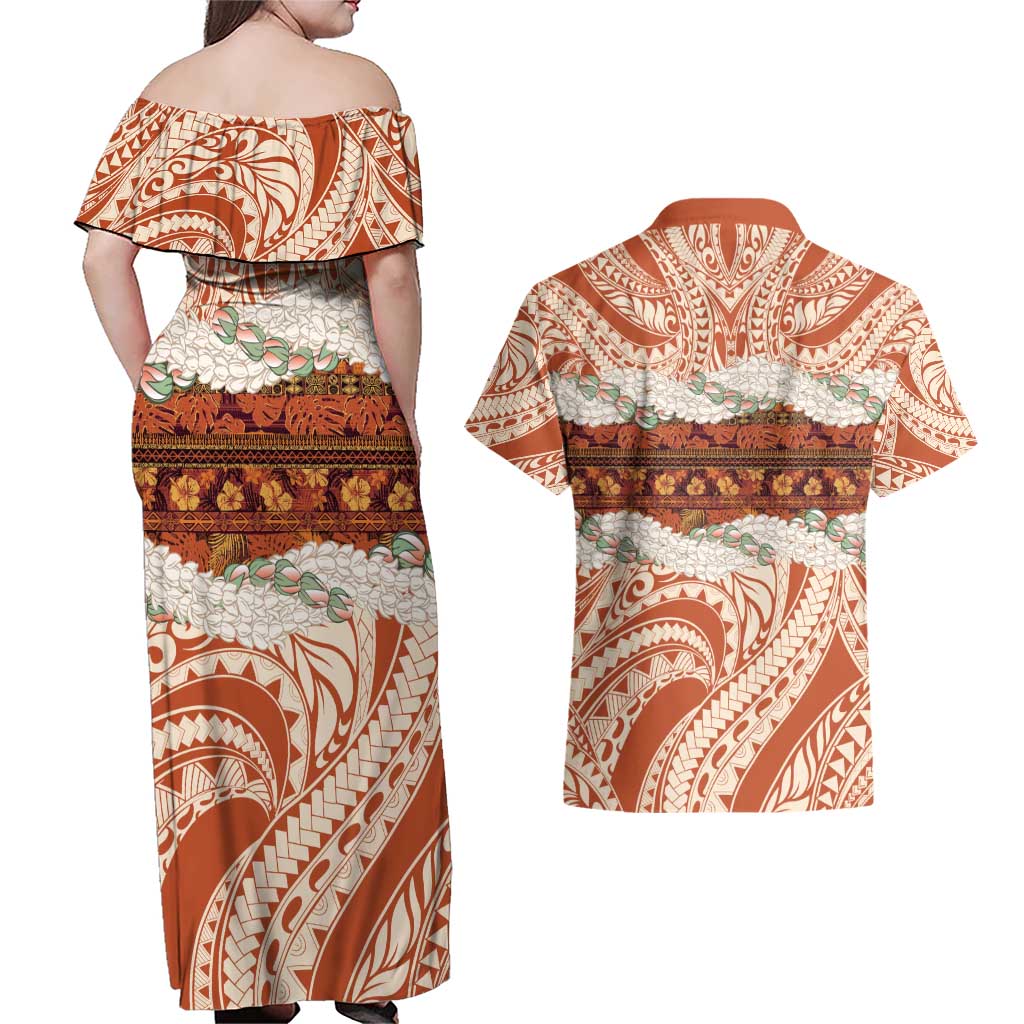 Aloha Hawaii Mikioi Lei Couples Matching Off Shoulder Maxi Dress and Hawaiian Shirt Beige Tropical Flower Pattern - Polynesian Pride