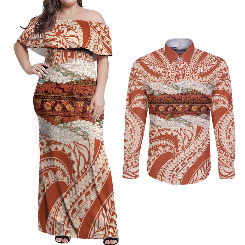 Aloha Hawaii Mikioi Lei Couples Matching Off Shoulder Maxi Dress and Long Sleeve Button Shirt Beige Tropical Flower Pattern - Polynesian Pride
