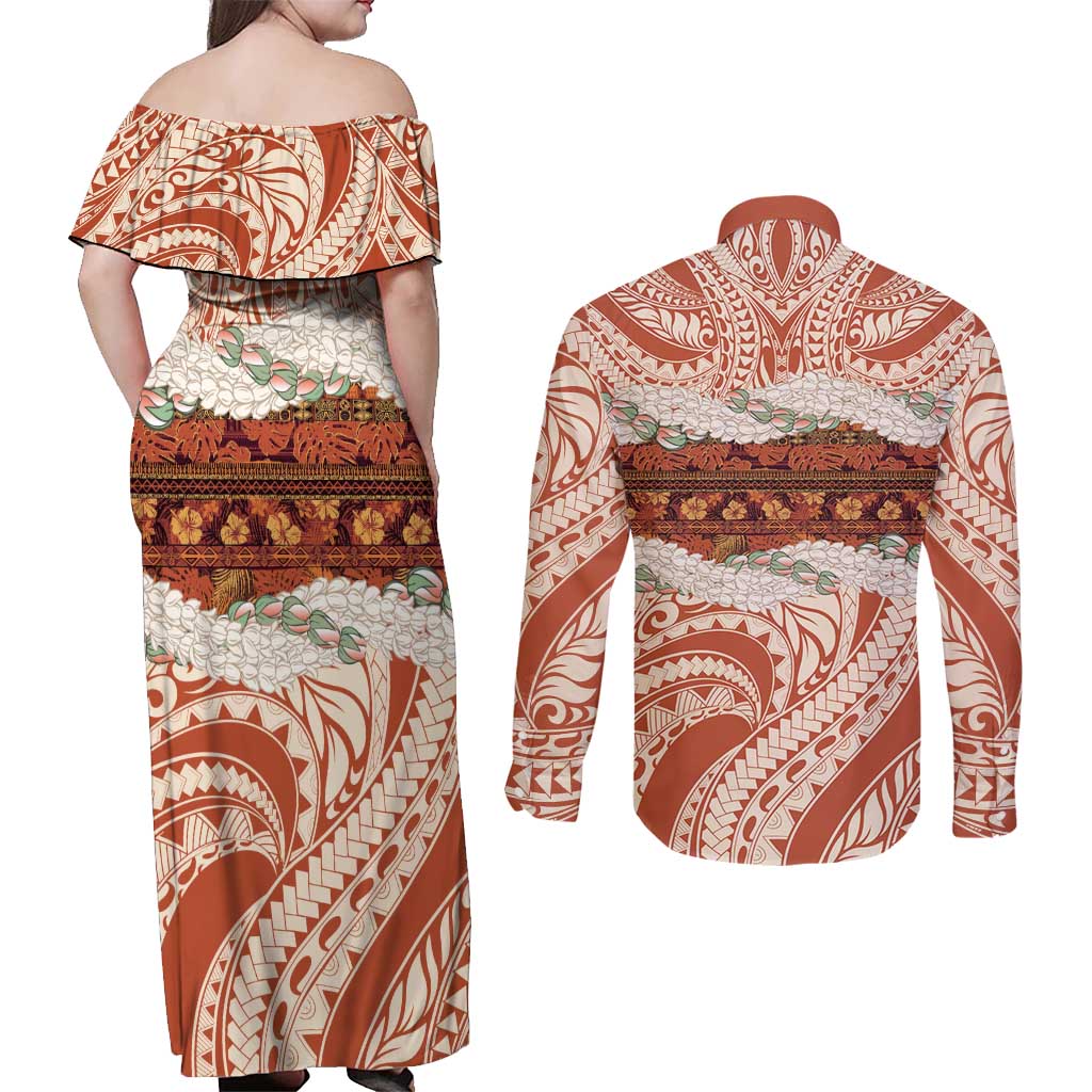 Aloha Hawaii Mikioi Lei Couples Matching Off Shoulder Maxi Dress and Long Sleeve Button Shirt Beige Tropical Flower Pattern - Polynesian Pride