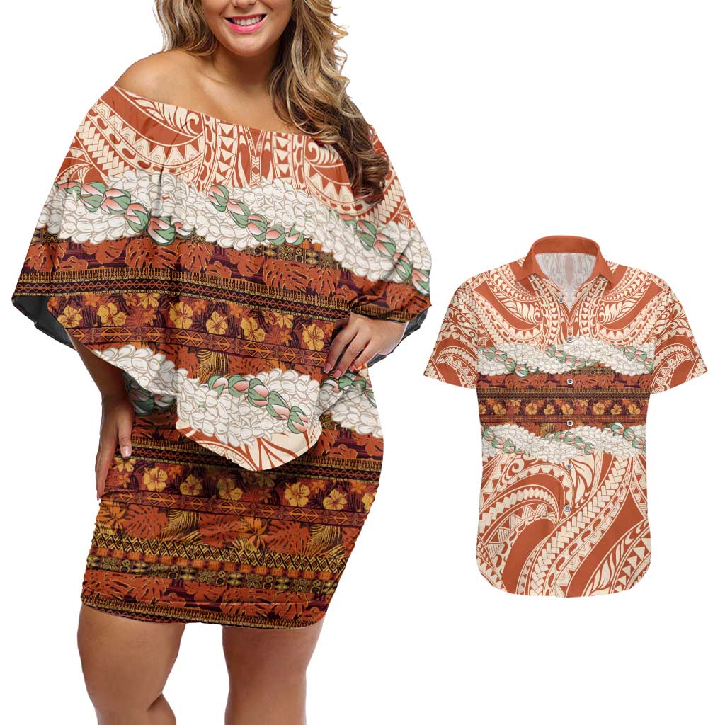 Aloha Hawaii Mikioi Lei Couples Matching Off Shoulder Short Dress and Hawaiian Shirt Beige Tropical Flower Pattern - Polynesian Pride