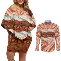 Aloha Hawaii Mikioi Lei Couples Matching Off Shoulder Short Dress and Long Sleeve Button Shirt Beige Tropical Flower Pattern - Polynesian Pride