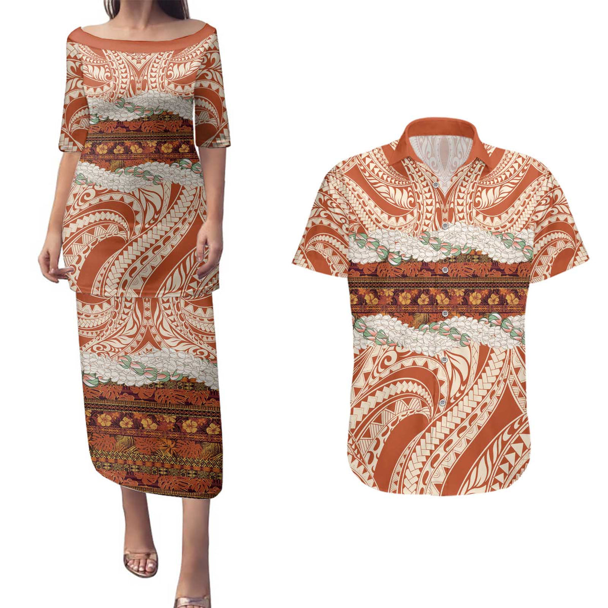 Aloha Hawaii Mikioi Lei Couples Matching Puletasi and Hawaiian Shirt Beige Tropical Flower Pattern - Polynesian Pride