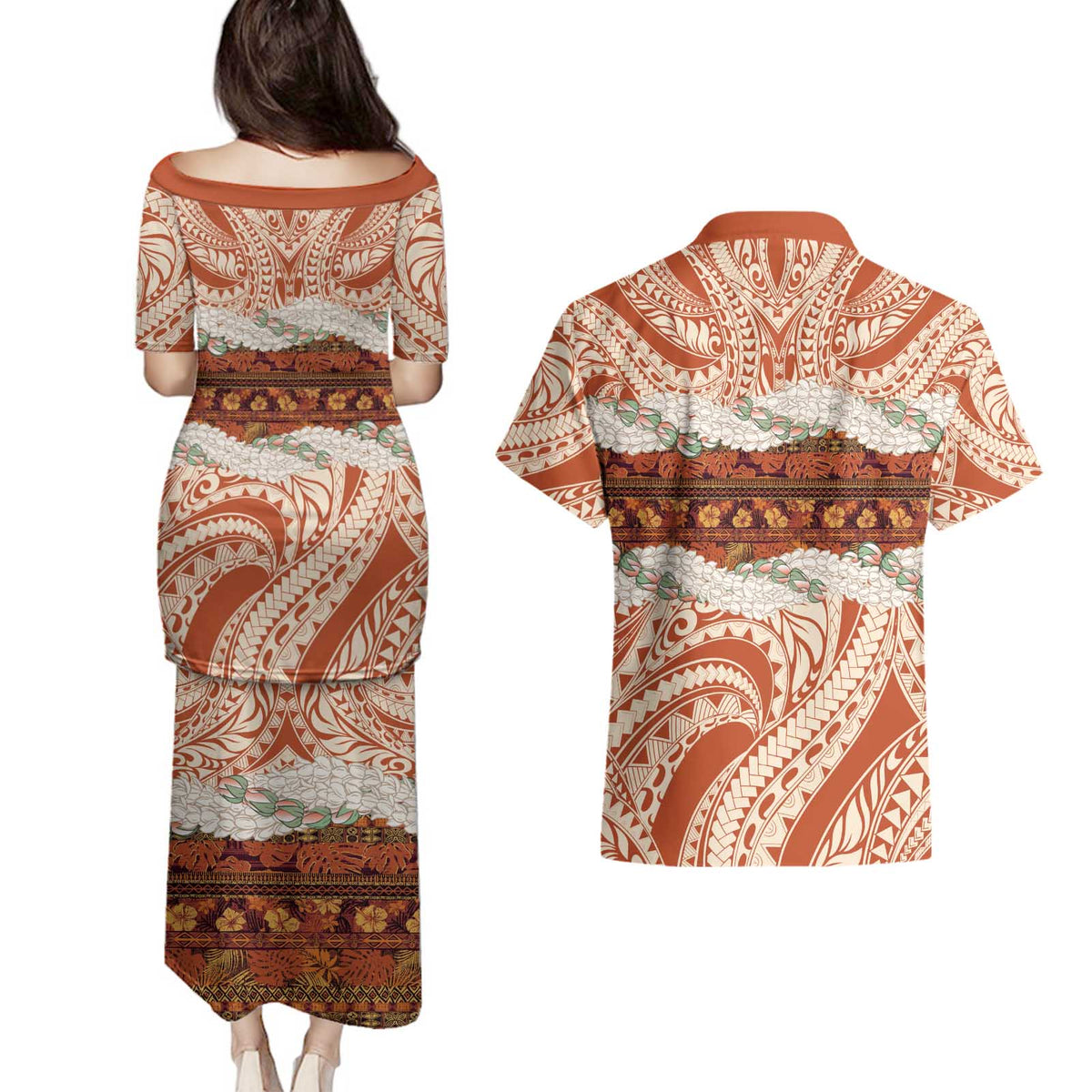 Aloha Hawaii Mikioi Lei Couples Matching Puletasi and Hawaiian Shirt Beige Tropical Flower Pattern - Polynesian Pride
