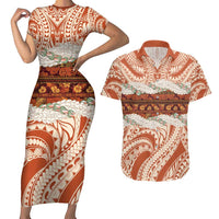 Aloha Hawaii Mikioi Lei Couples Matching Short Sleeve Bodycon Dress and Hawaiian Shirt Beige Tropical Flower Pattern - Polynesian Pride