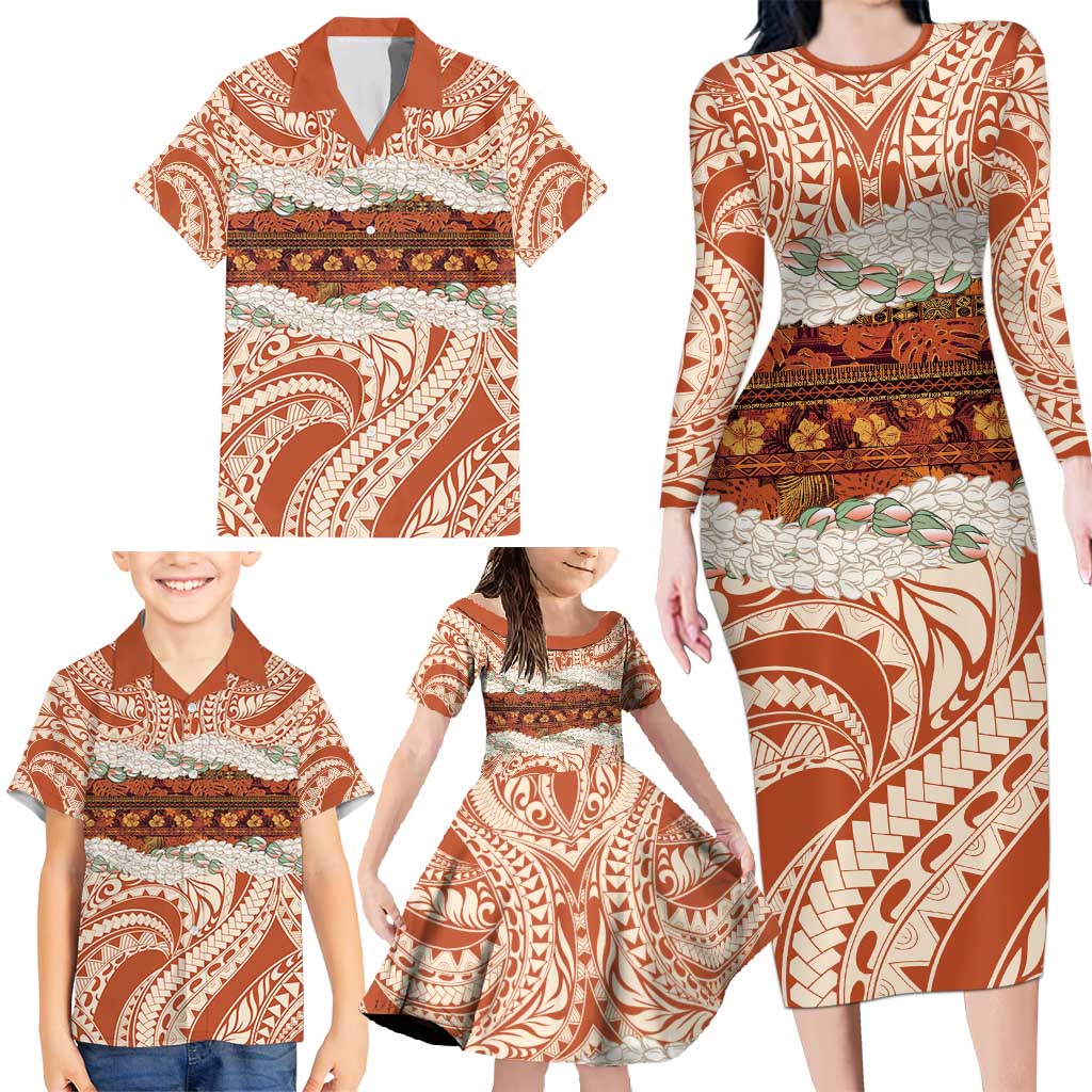 Aloha Hawaii Mikioi Lei Family Matching Long Sleeve Bodycon Dress and Hawaiian Shirt Beige Tropical Flower Pattern - Polynesian Pride