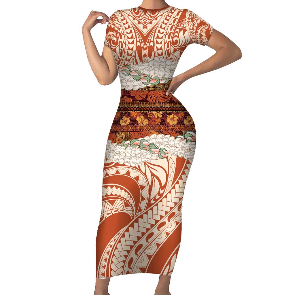 Aloha Hawaii Mikioi Lei Family Matching Short Sleeve Bodycon Dress and Hawaiian Shirt Beige Tropical Flower Pattern - Polynesian Pride