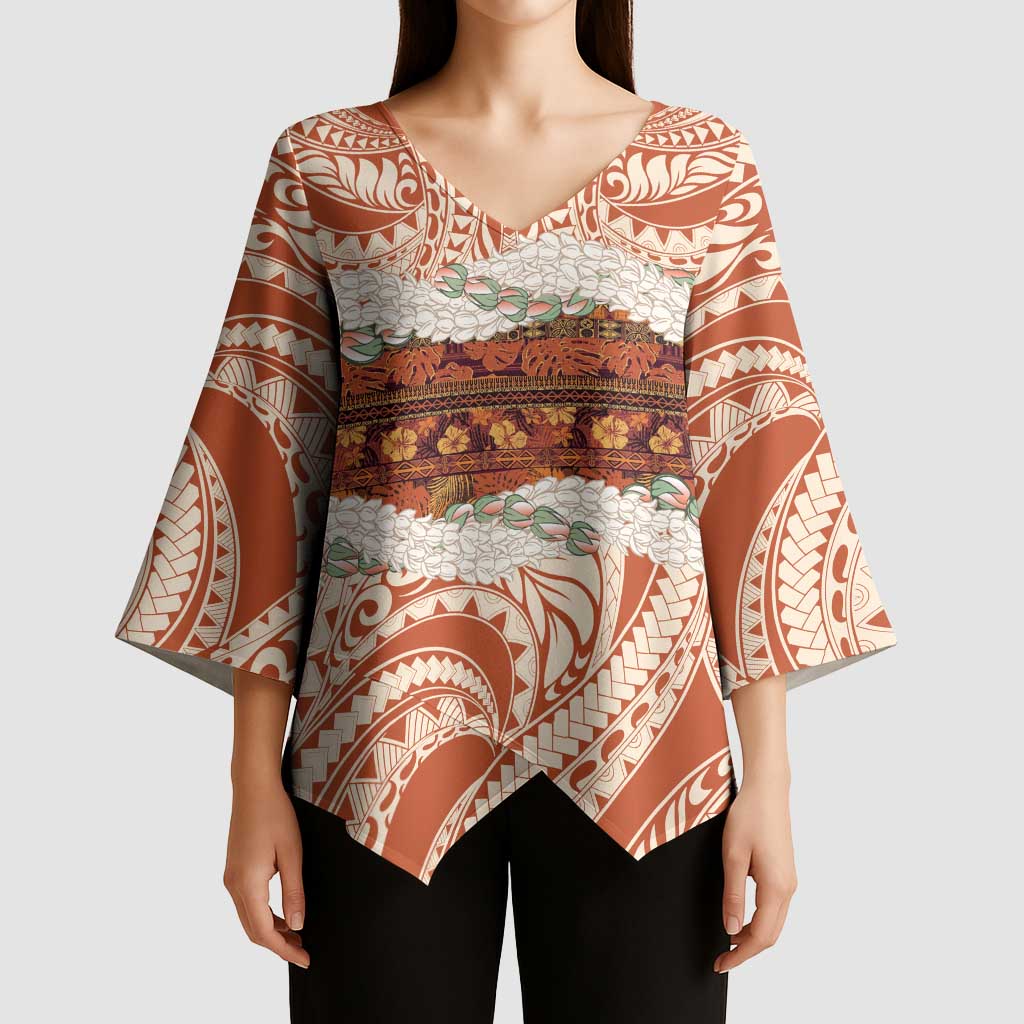 Aloha Hawaii Mikioi Lei Kimono Sleeve Blouse Beige Tropical Flower Pattern - Polynesian Pride