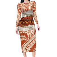 Aloha Hawaii Mikioi Lei Long Sleeve Bodycon Dress Beige Tropical Flower Pattern - Polynesian Pride