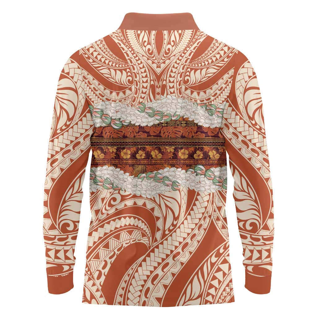 Aloha Hawaii Mikioi Lei Long Sleeve Polo Shirt Beige Tropical Flower Pattern - Polynesian Pride