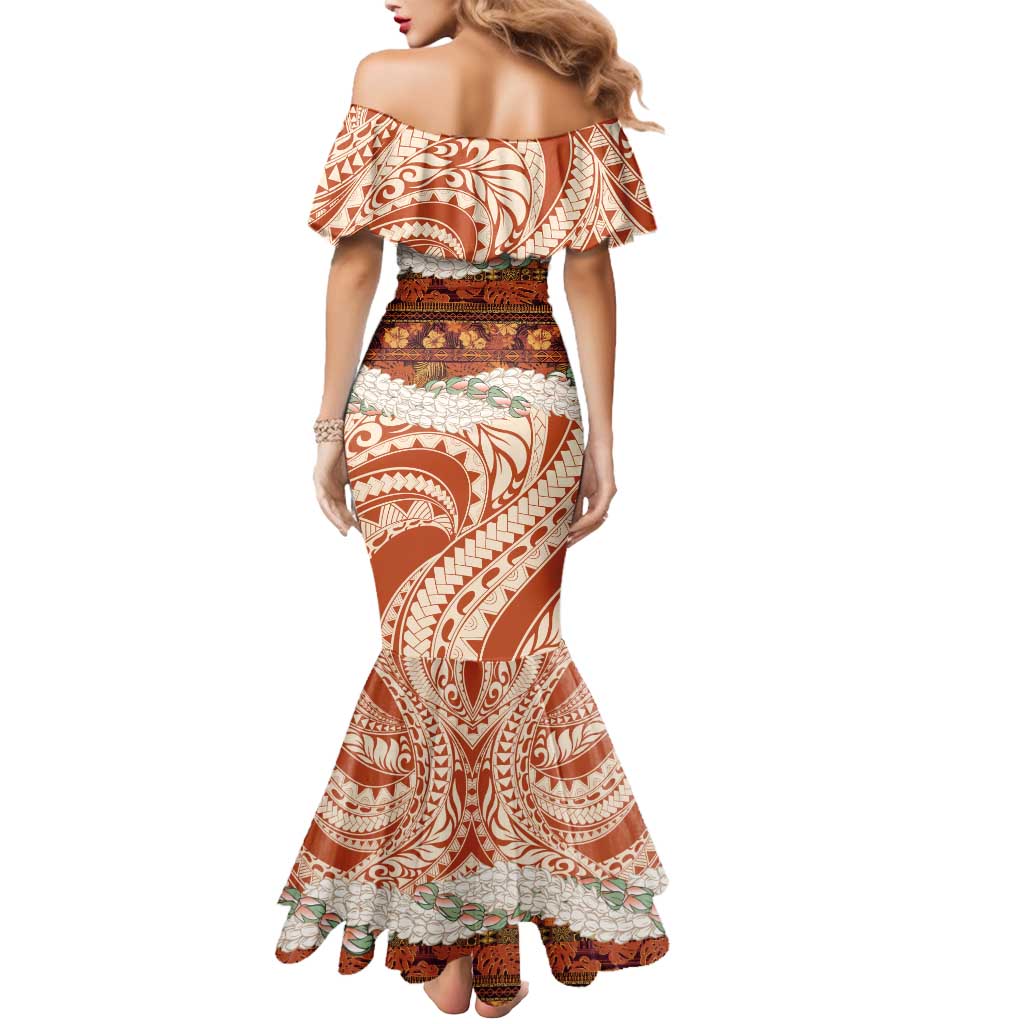 Aloha Hawaii Mikioi Lei Mermaid Dress Beige Tropical Flower Pattern - Polynesian Pride