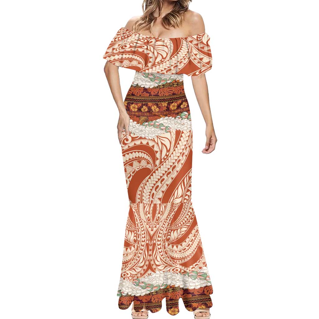 Aloha Hawaii Mikioi Lei Mermaid Dress Beige Tropical Flower Pattern - Polynesian Pride